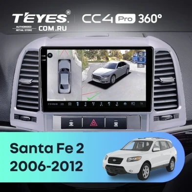 Штатная магнитола Teyes CC4 Pro 360 8/128 Hyundai Santa Fe 2 (2006-2012) (Серебро)